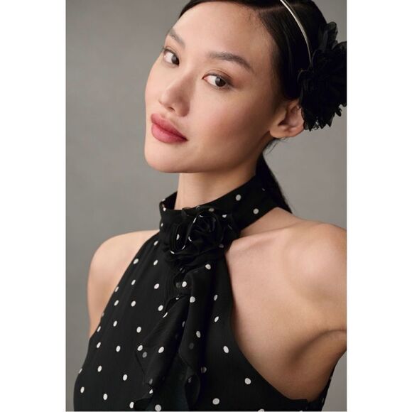 NEW Anthropologie Maeve Halter Rosette Black & White Polka Dot Mini Dress Small - Picture 3 of 4